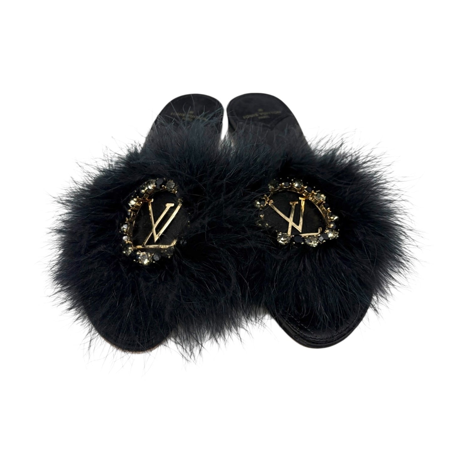 LOUIS VUITTON LV Bijou Logo Fur Flat Sandals #38 Rhinestone Black Satin