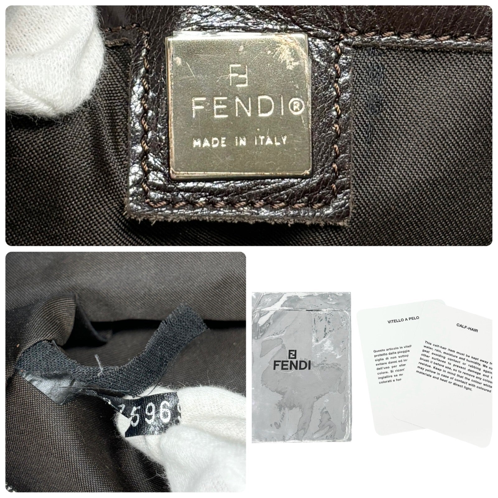 FENDI Vintage FF Logo Mamma Baguette Tote Bag Animal Print White Calf Hair