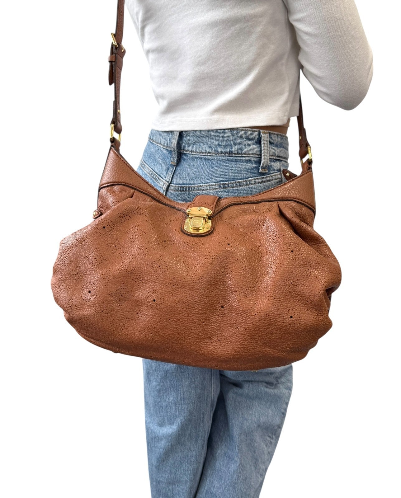 LOUIS VUITTON Vintage LV Monogram Mahina Crossbody Bag Brown Gold Leather