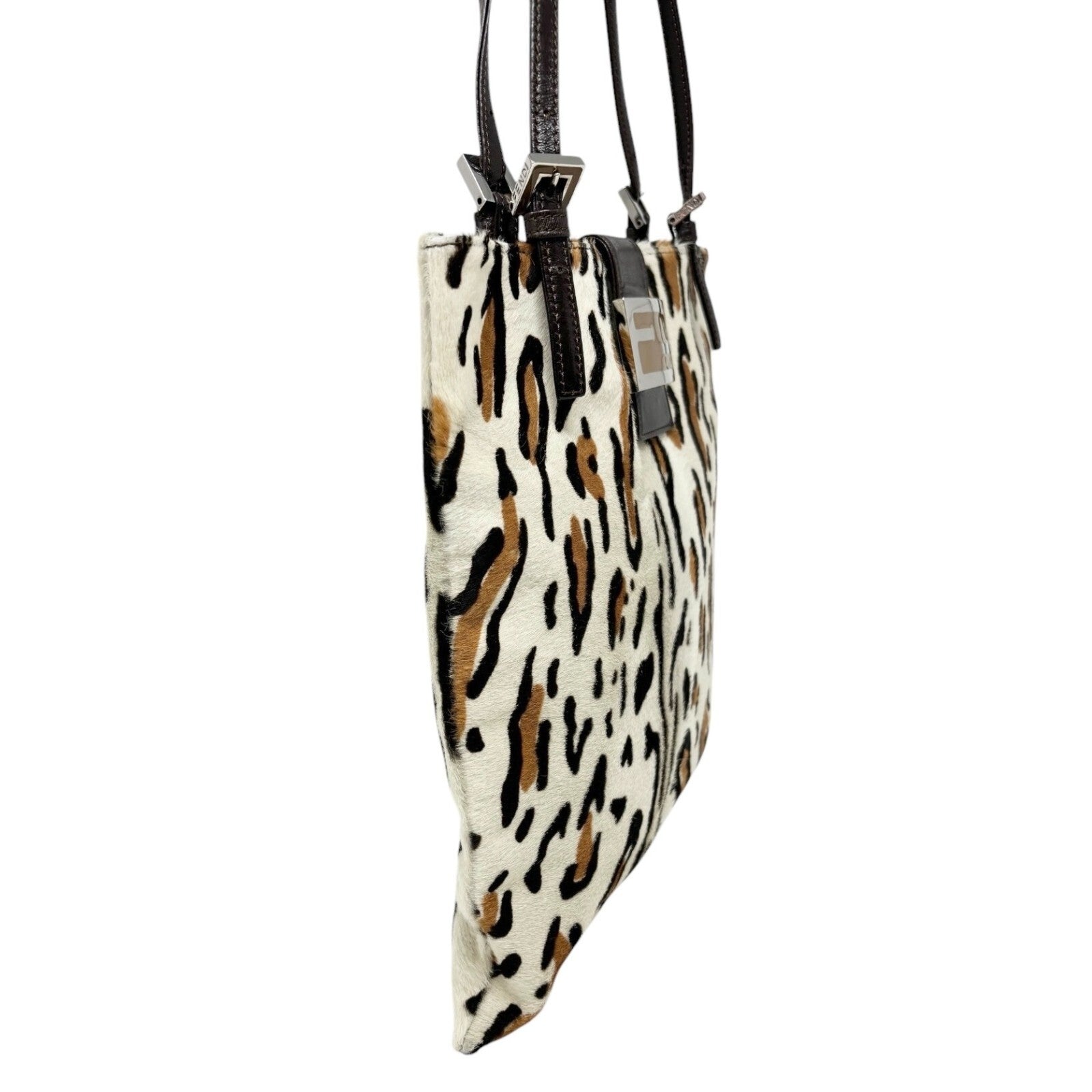 FENDI Vintage FF Logo Mamma Baguette Tote Bag Animal Print White Calf Hair