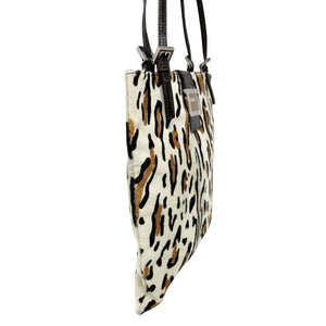 FENDI Vintage FF Logo Mamma Baguette Tote Bag Animal Print White Calf Hair