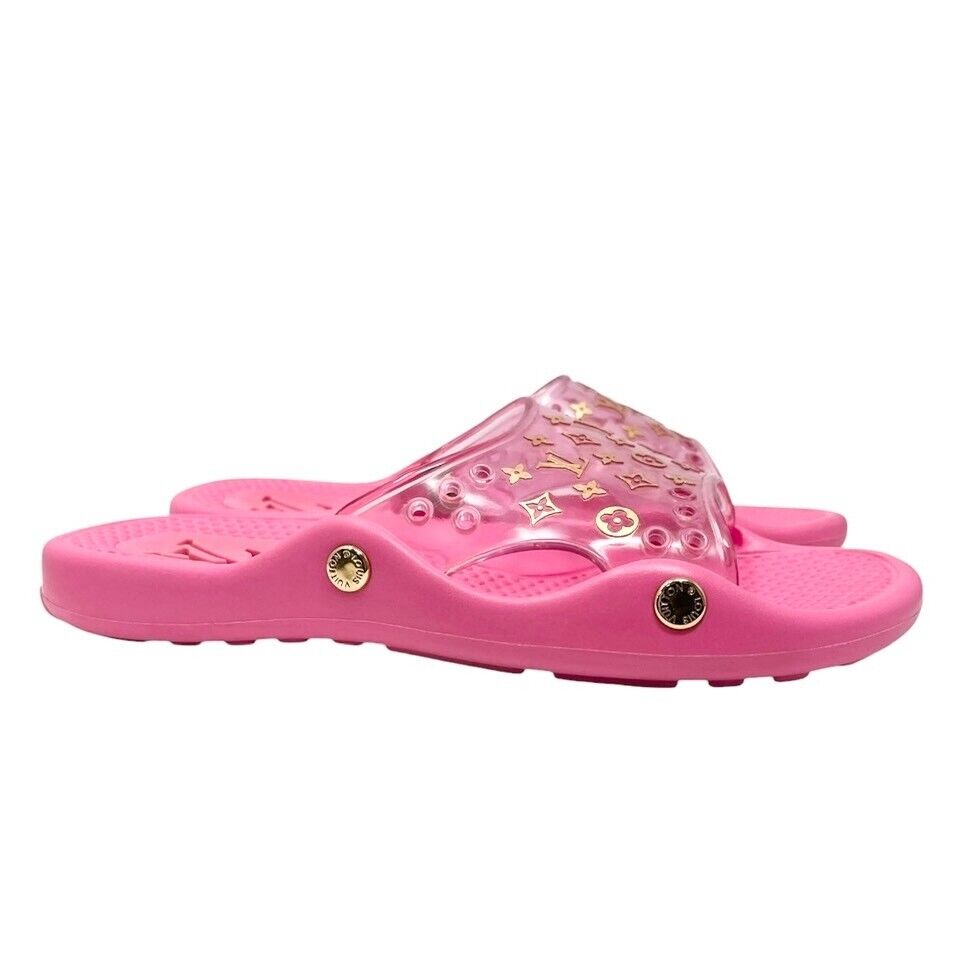 LOUIS VUITTON Vintage Lv Logo Monogram Beach Sandals #36-36.5 Pink Gold Rubber