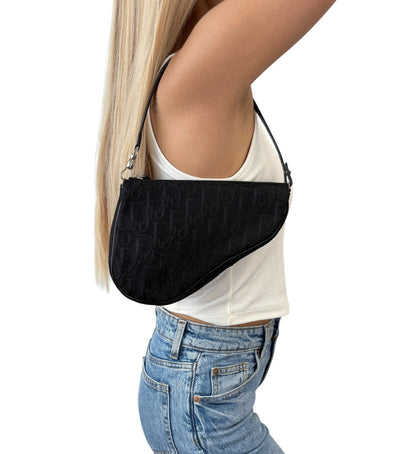 Christian Dior Vintage Trotter Monogram Mini Saddle Bag Black Canvas 902264
