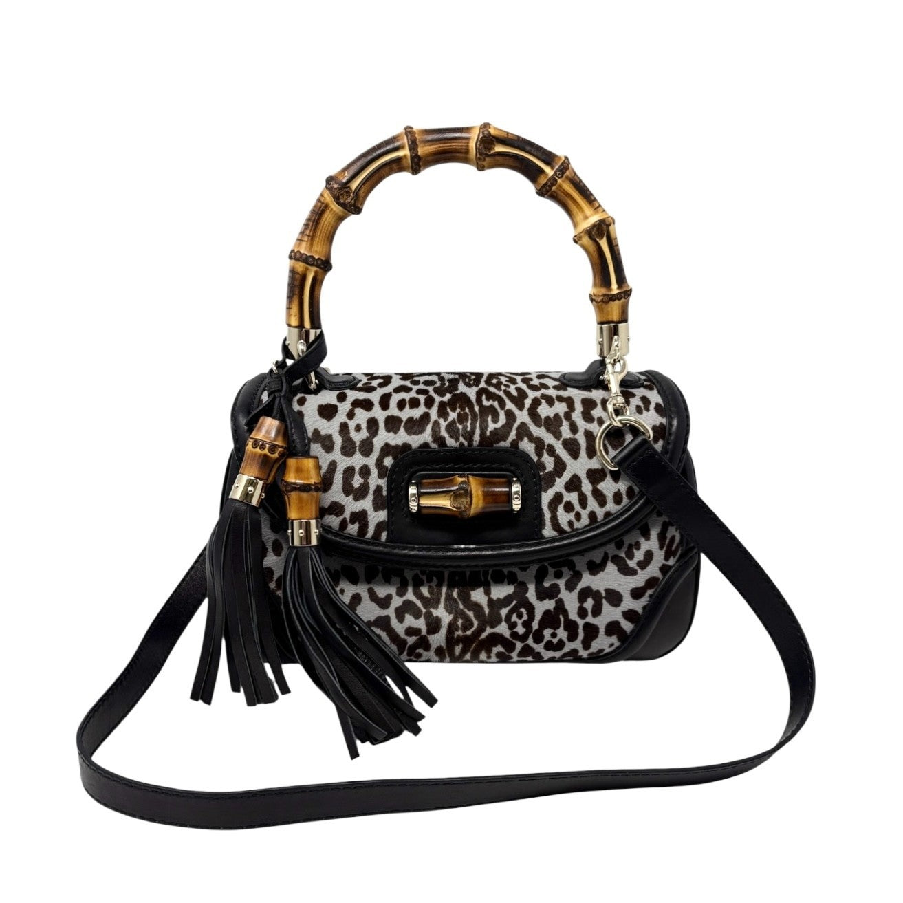 GUCCI Vintage Bamboo Leopard 2way Handbag Crossbody Bag Pony Calf Hair Gray