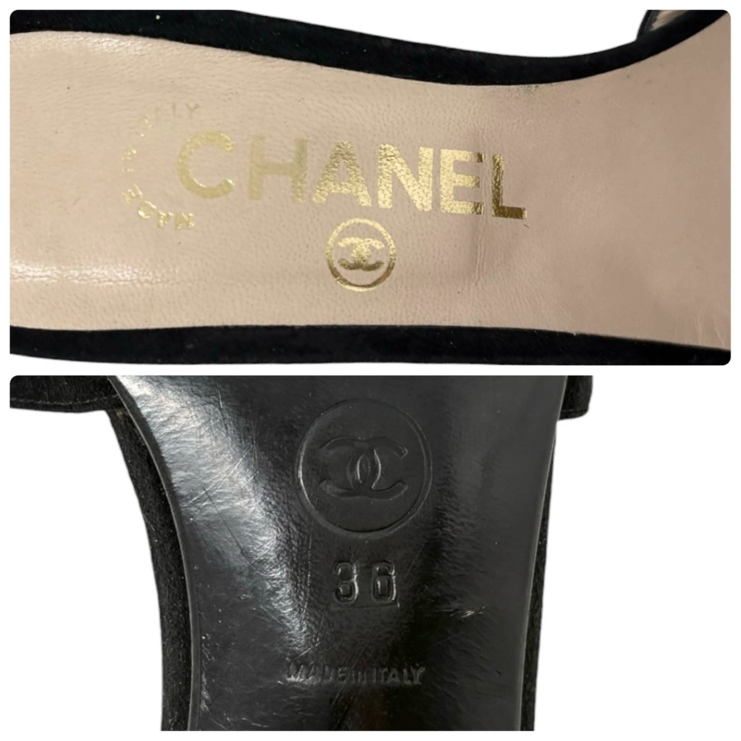 CHANEL Vintage CC Logo Suede Mule Sandals Heels #36 Black Beige 901813