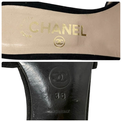 CHANEL Vintage CC Logo Suede Mule Sandals Heels #36 Black Beige 901813