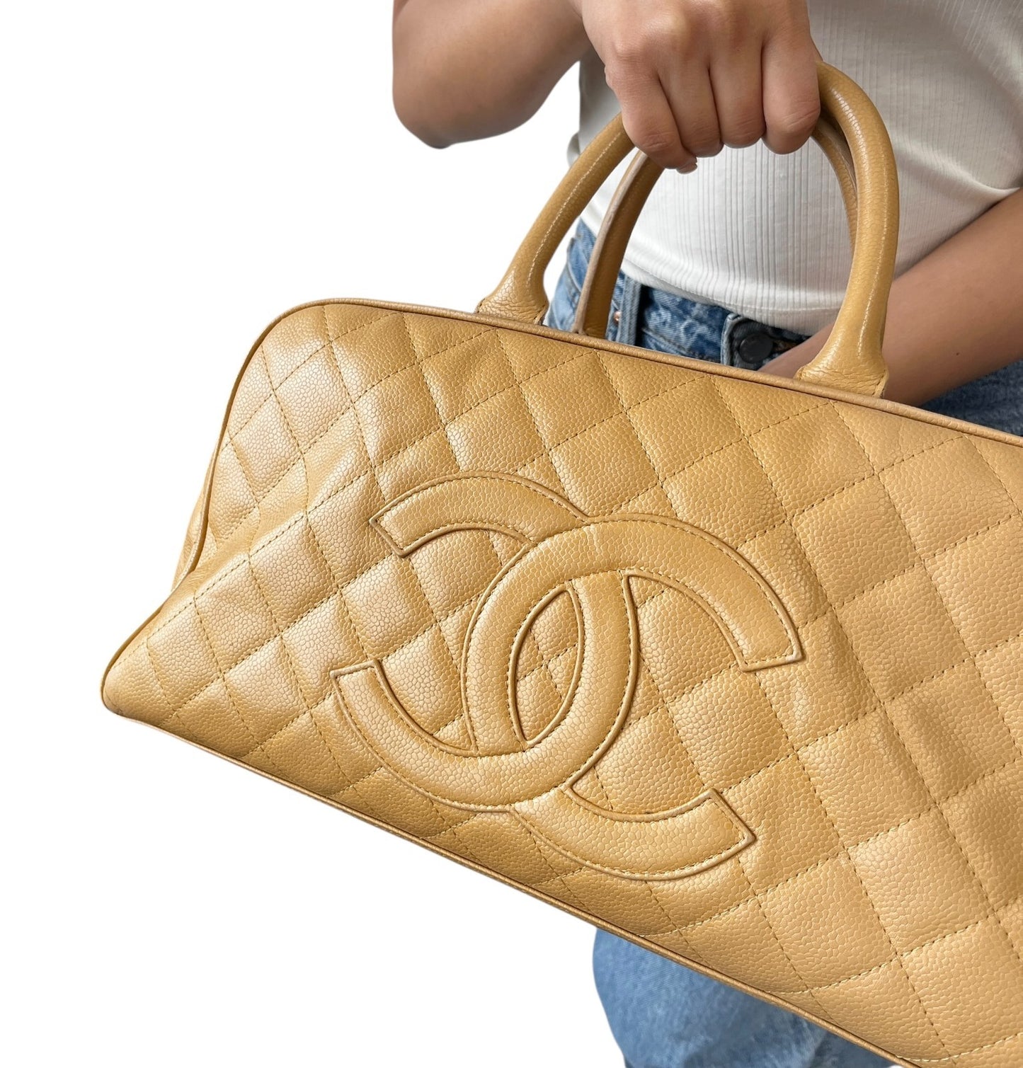 CHANEL Vintage Big CC Logo Quilted Leather Boston Bowling Bag Beige Gold Stitch