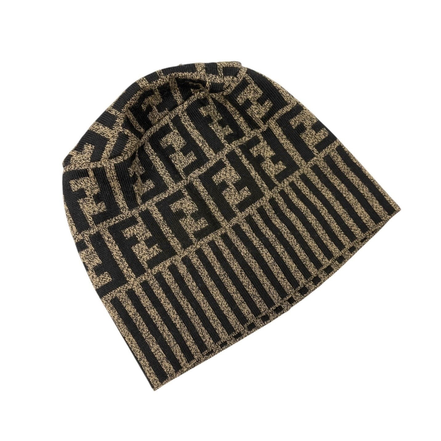 FENDI Vintage Zucca Knit Beanie Cap Stripe Brown Black FF Logo Monogram Wool