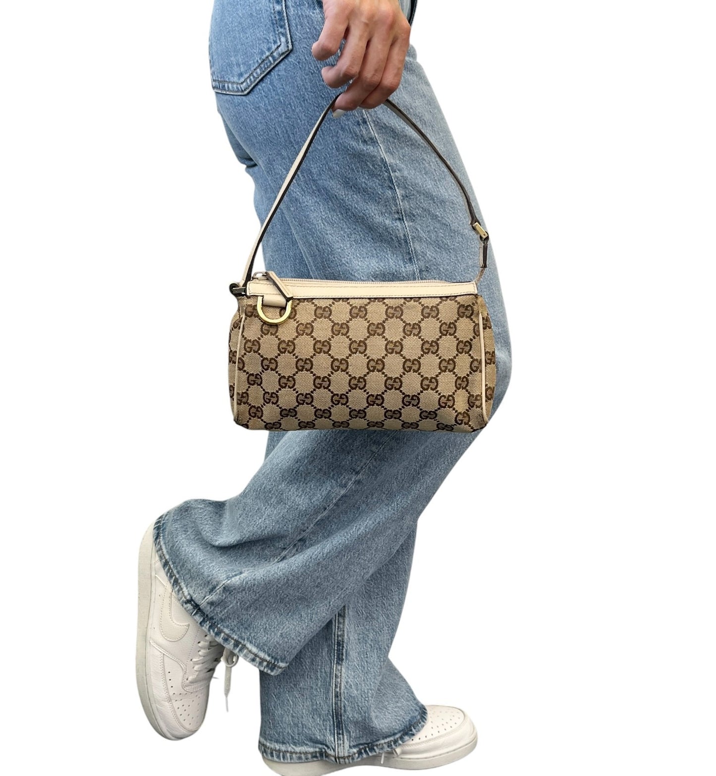 GUCCI Vintage GG Monogram Abbey Logo Mini Shoulder Bag White Brown Canvas