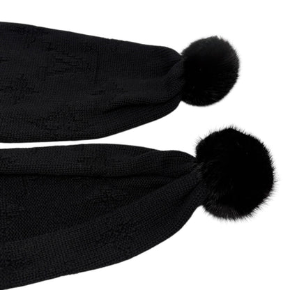 LOUIS VUITTON Vintage Monogram Escharpe Fur Scarf Shawl Black Cashmere Logo