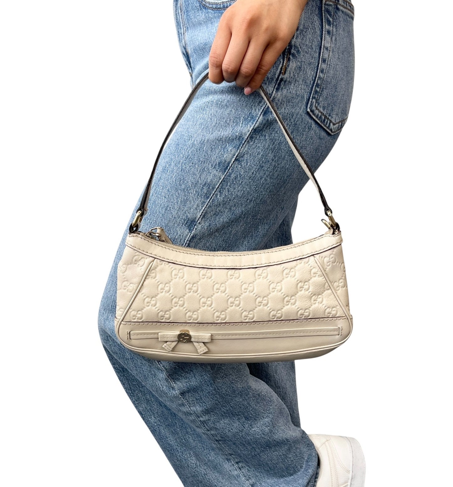 GUCCI Vintage GG Interlocking Monogram Shoulder Bag Beige Ribbon Zip 902282