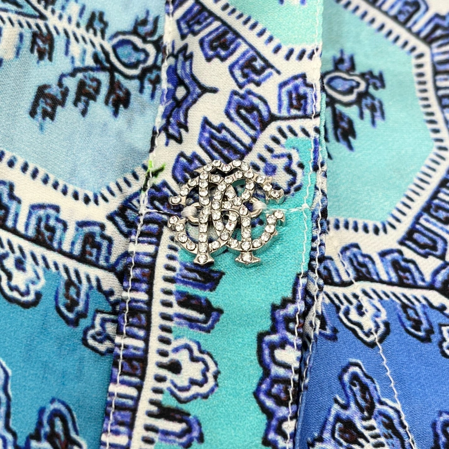 Roberto Cavalli Vintage Shirt Top #38 Rhinestone Button Blue Purple Silk RankAB