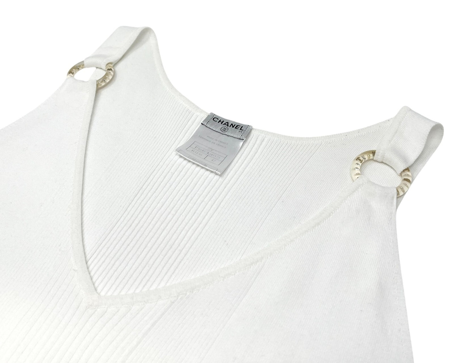 CHANEL Vintage 07P CC Logo Knit Tank #42 Camisole Rib Top White Cotton