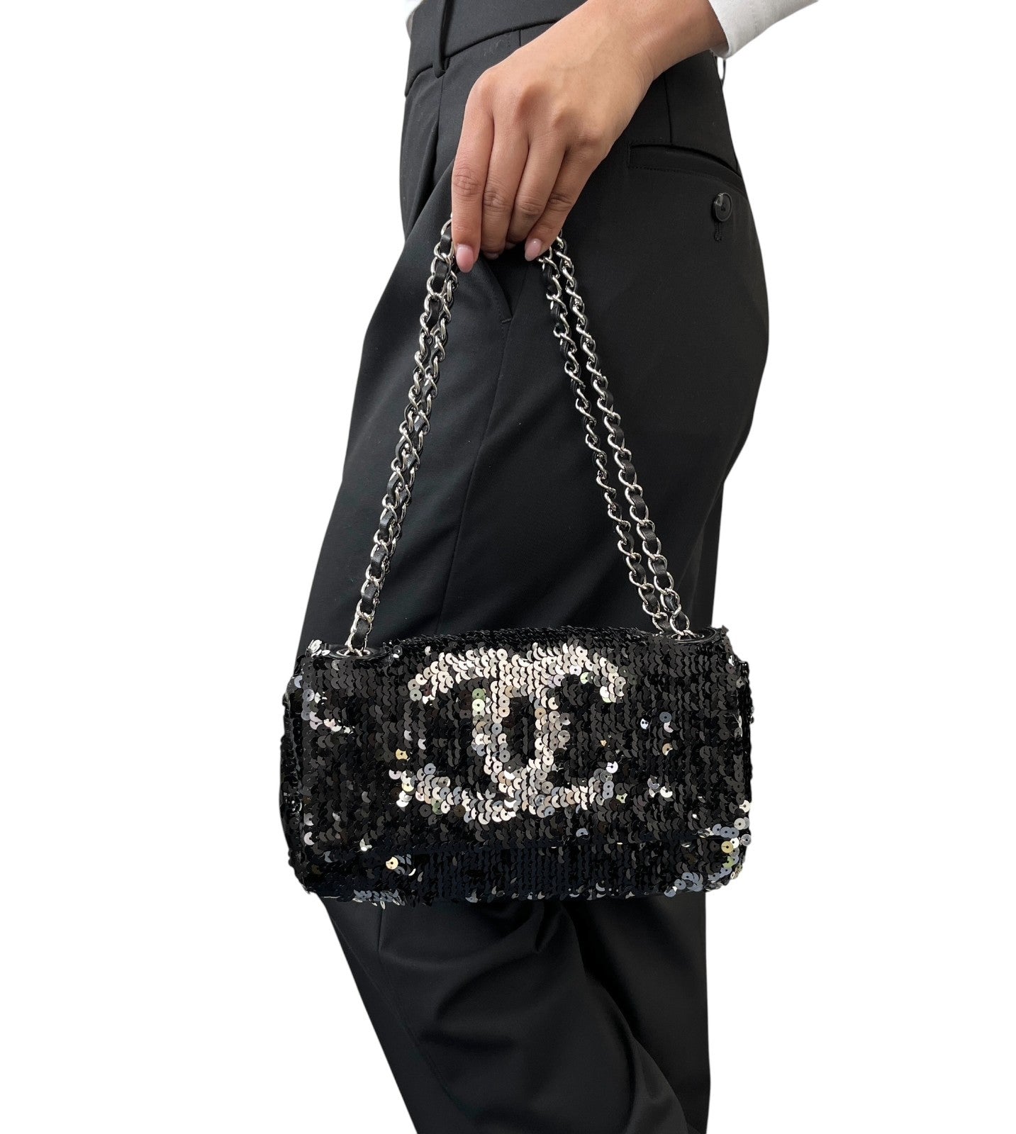 CHANEL Vintage CC Logo Sequins Chain Shoulder Bag Black Silver Leather 902259