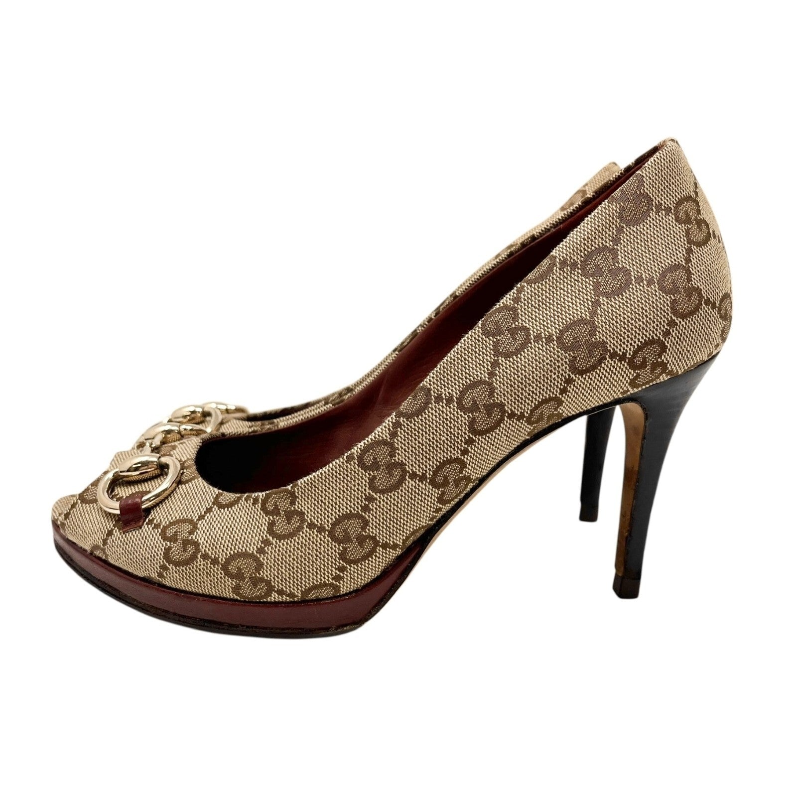 GUCCI Vintage GG Monogram Logo Sandals Heels #36.5 Beige Red Canvas Leather