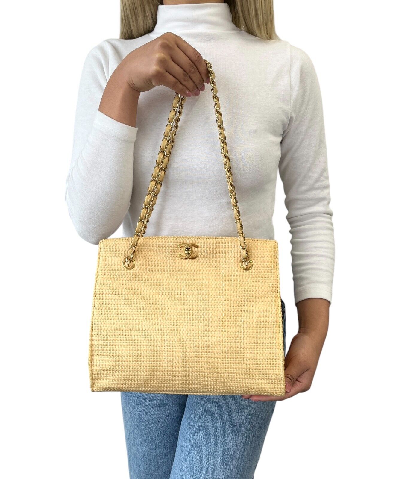CHANEL Vintage 90s CC Logo Chain Shoulder Bag Cream Gold Straw