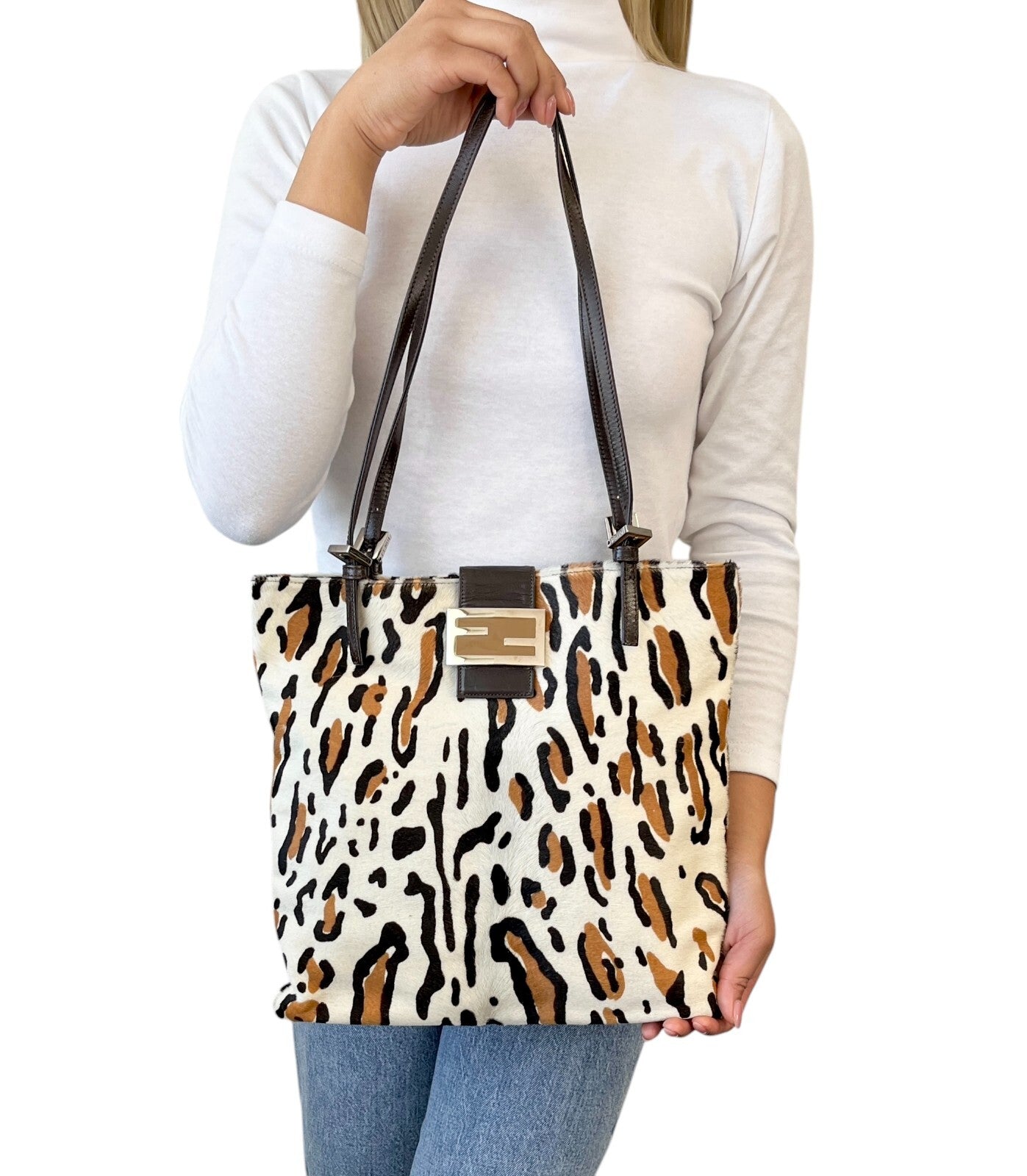 FENDI Vintage FF Logo Mamma Baguette Tote Bag Animal Print White Calf Hair