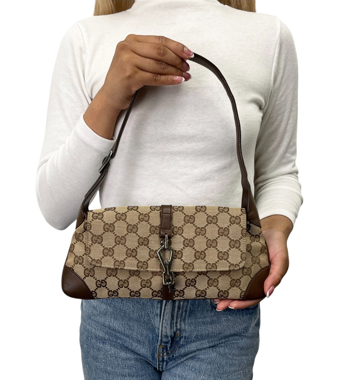 GUCCI Vintage GG Monogram Jackie Shoulder Bag Beige Canvas Leather 902329