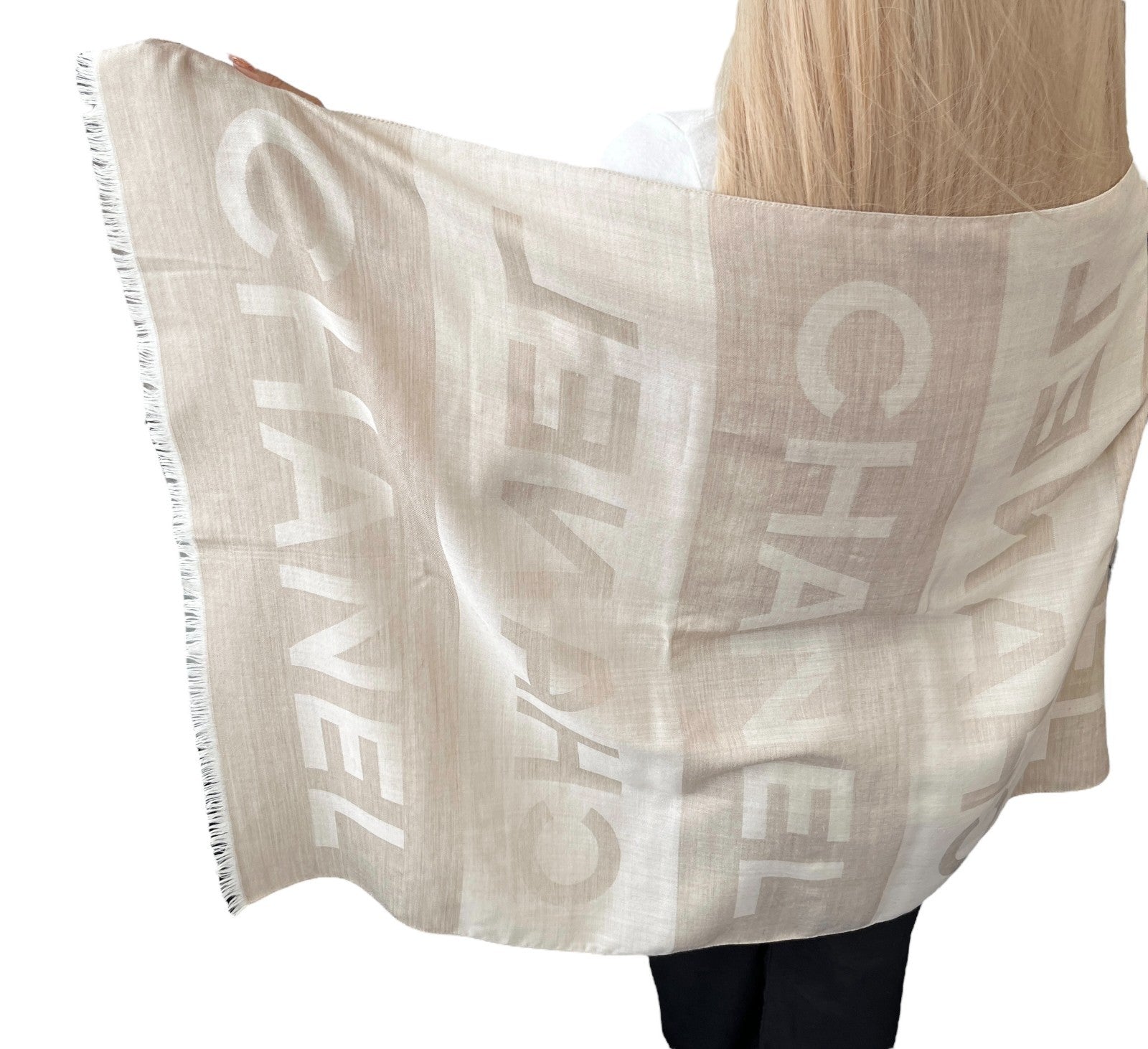 CHANEL Vintage CC Logo Scarf Wrap Shawl Fringe Accessory Beige Silk Cashmere