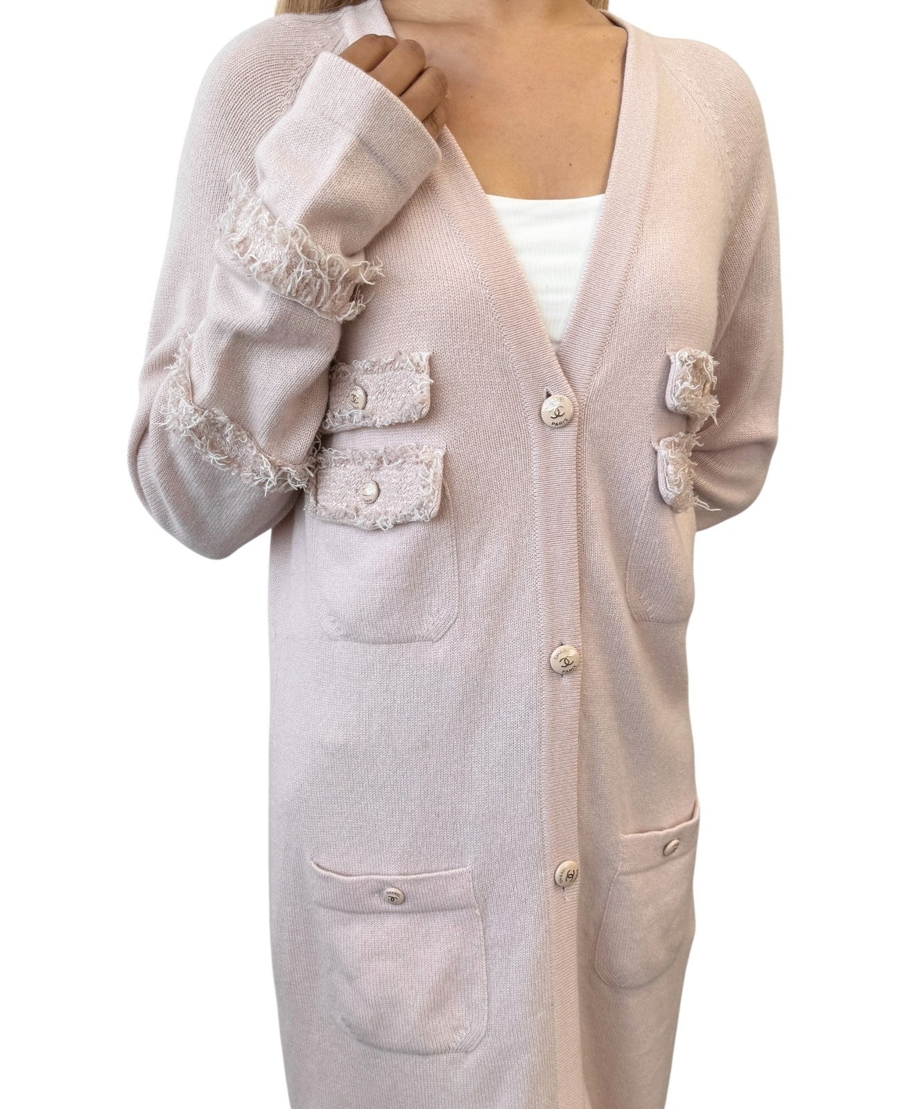 CHANEL Vintage 09A Logo Long Cardigan Top Sweater ＃40 Pink Cashmere Knit Tweed