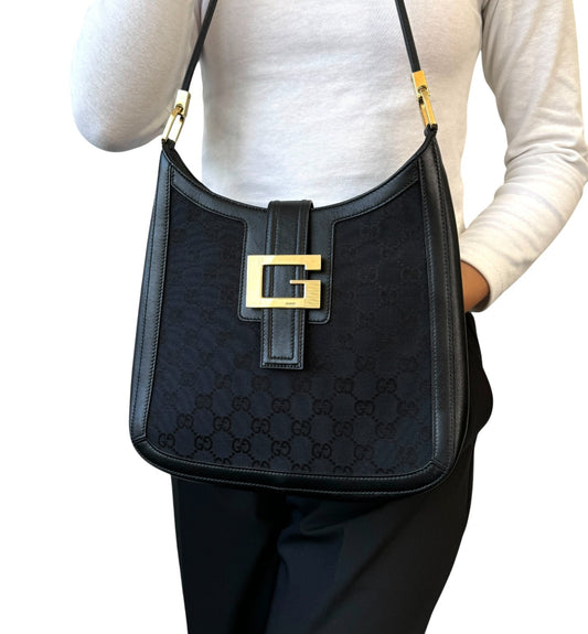 GUCCI Vintage G Square GG Monogram Shoulder Bag Magnetic Black Gold Leather