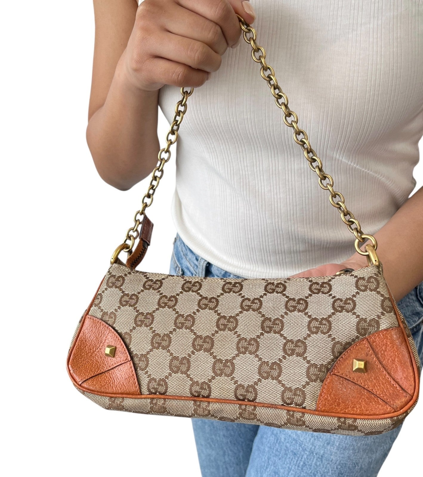 GUCCI Vintage GG Canvas Monogram Chain Shoulder Bag Pouch Beige Gold Leather