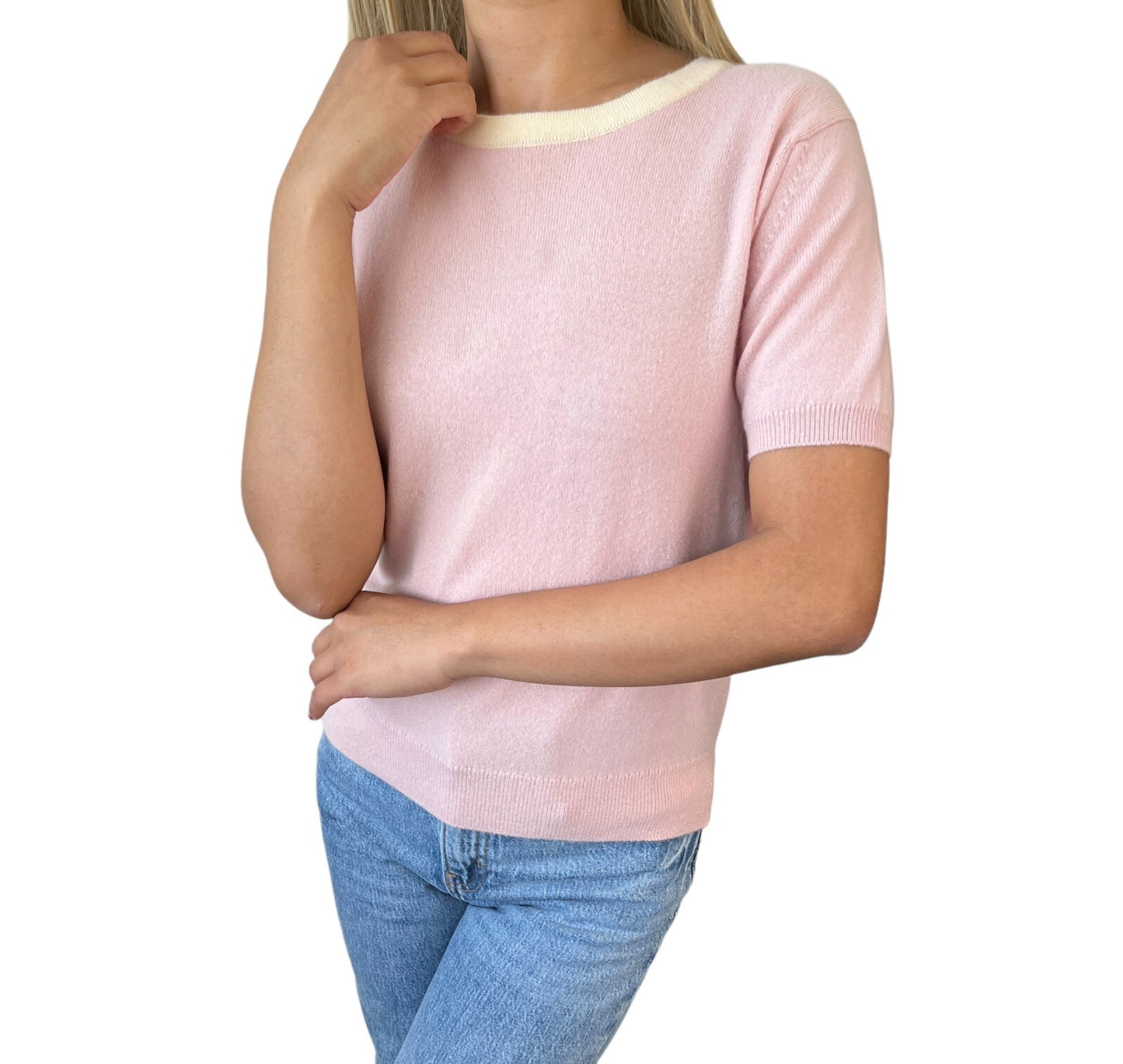 CHANEL Vintage 96C CC Mark Logo Knit Top T-shirt #38 Pink Cashmere Button