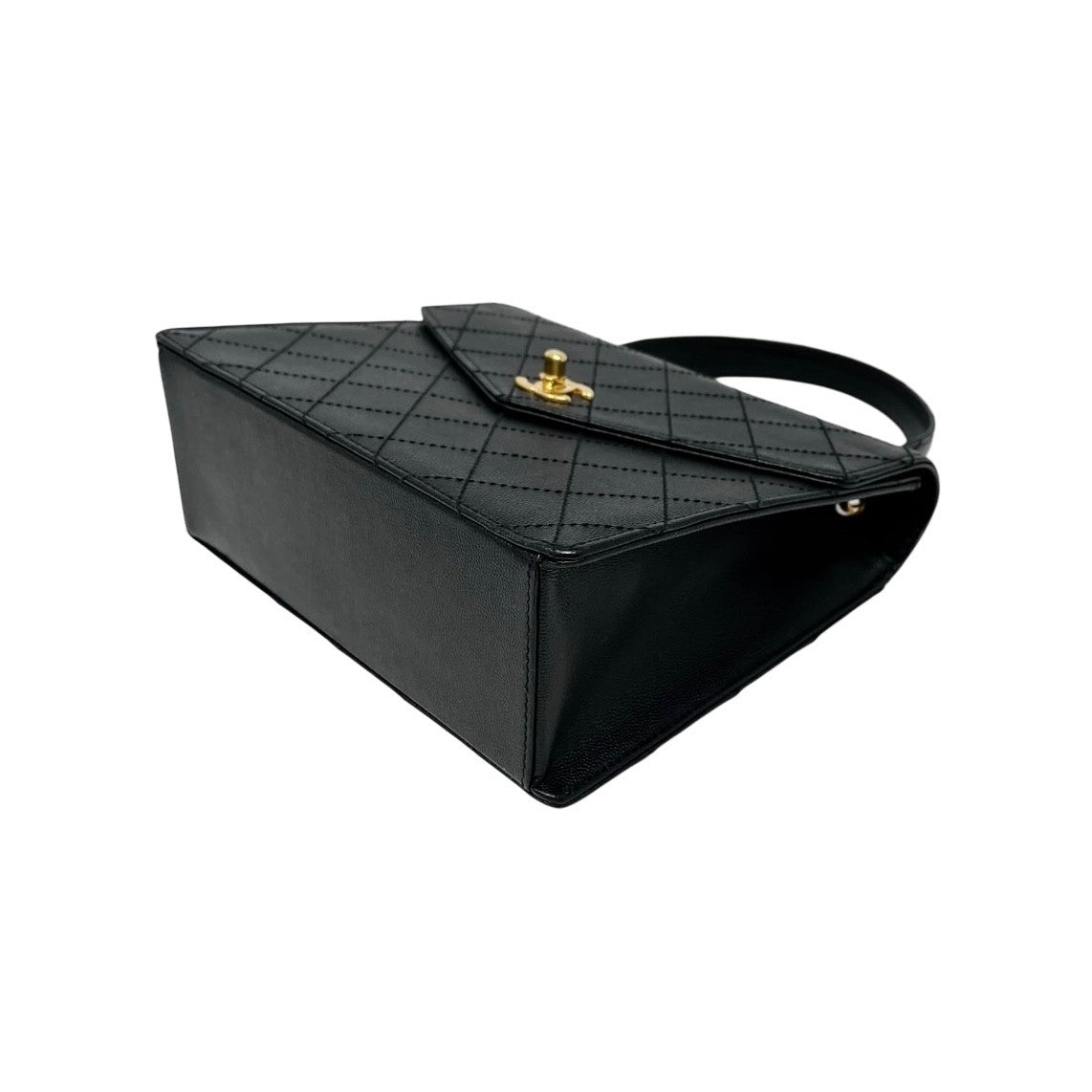 CHANEL Vintage CC Logo Turnlock Quilted Top Handle Bag Black Gold Leather