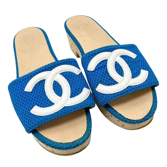 CHANEL Vintage CC Mark Logo Sandals #36.5-37 Mesh Blue White Cotton Leather