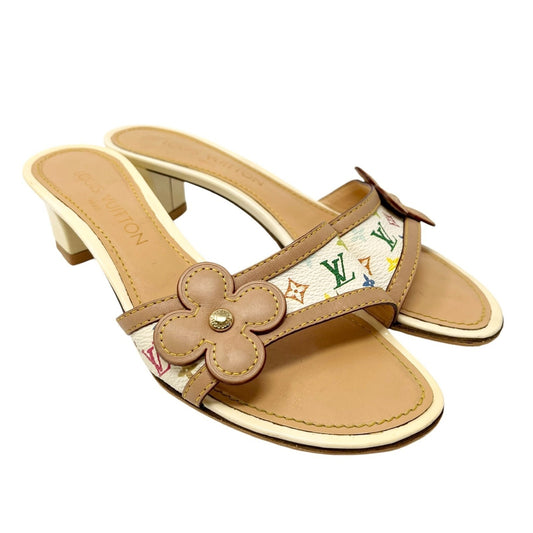 LOUIS VUITTON Vintage LV Multicolor Monogram Sandals Heels #36.5 White Beige