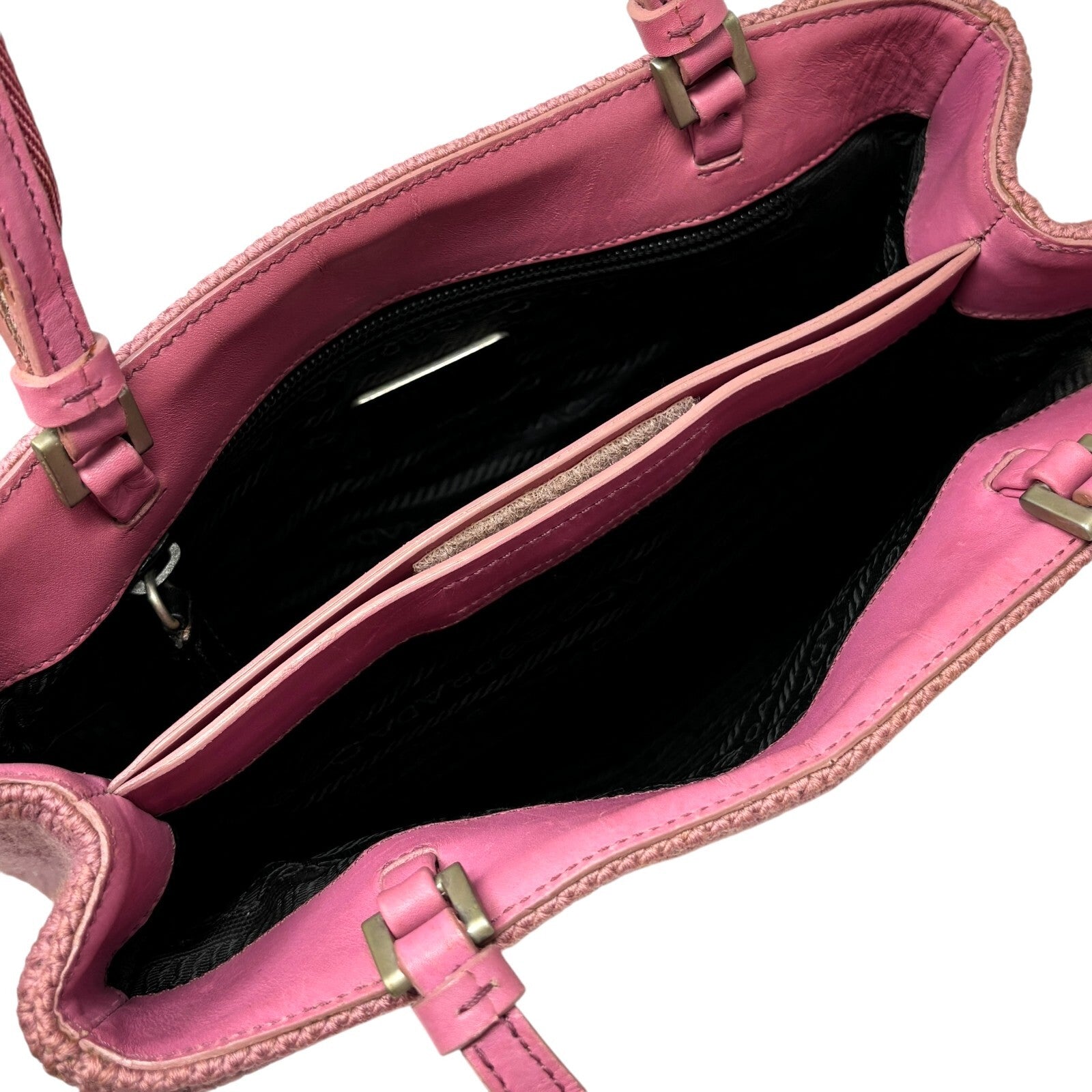 PRADA Vintage Logo Knit Tote Bag Shoulder Bag Pink Silver Wool Leather