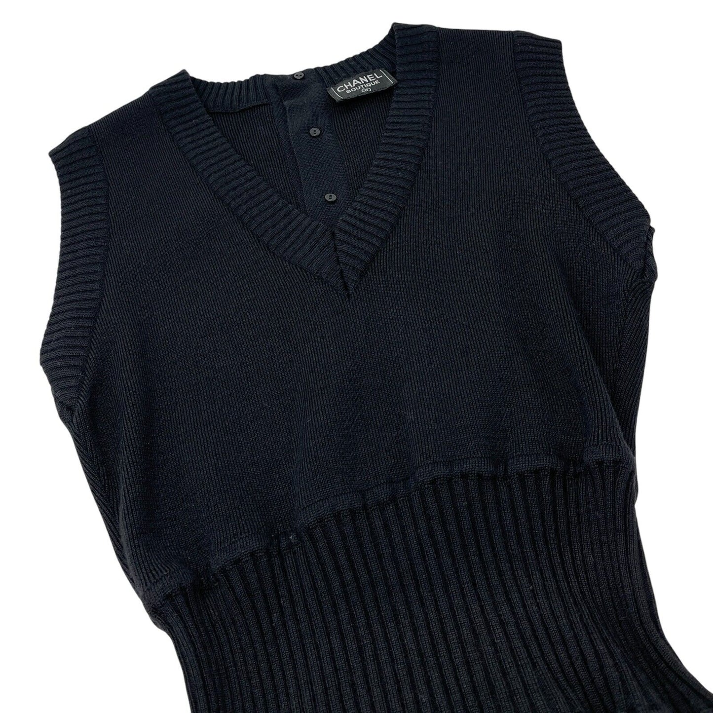 CHANEL Vintage CC Mark Logo Knit Jumpsuit Rompers Sleeveless Button Black Wool