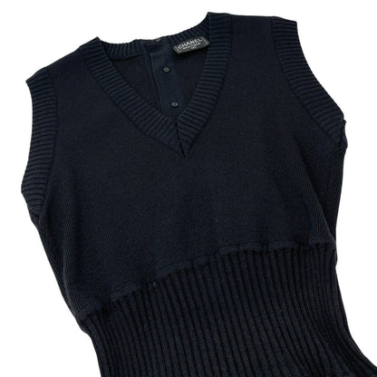 CHANEL Vintage CC Mark Logo Knit Jumpsuit Rompers Sleeveless Button Black Wool