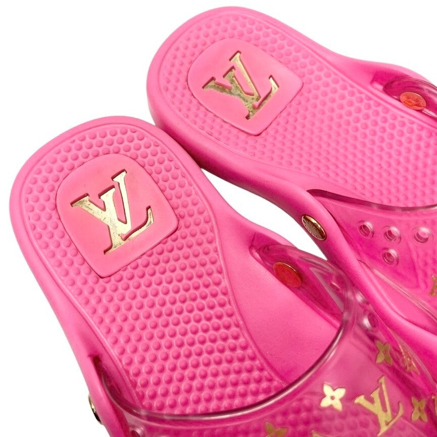 LOUIS VUITTON Vintage Lv Logo Monogram Beach Sandals #36-36.5 Pink Gold Rubber
