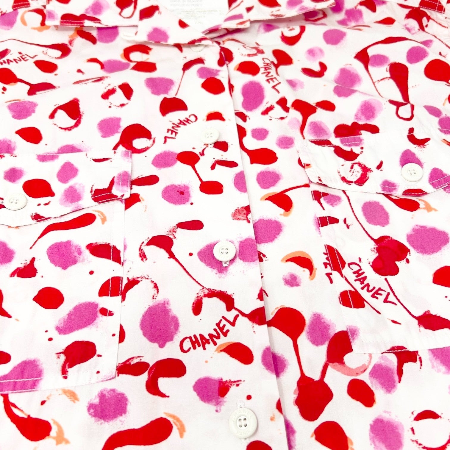 CHANEL Vintage PO6048 CC Logo Button Up Shirt Blouse Top #38 White Pink Cotton