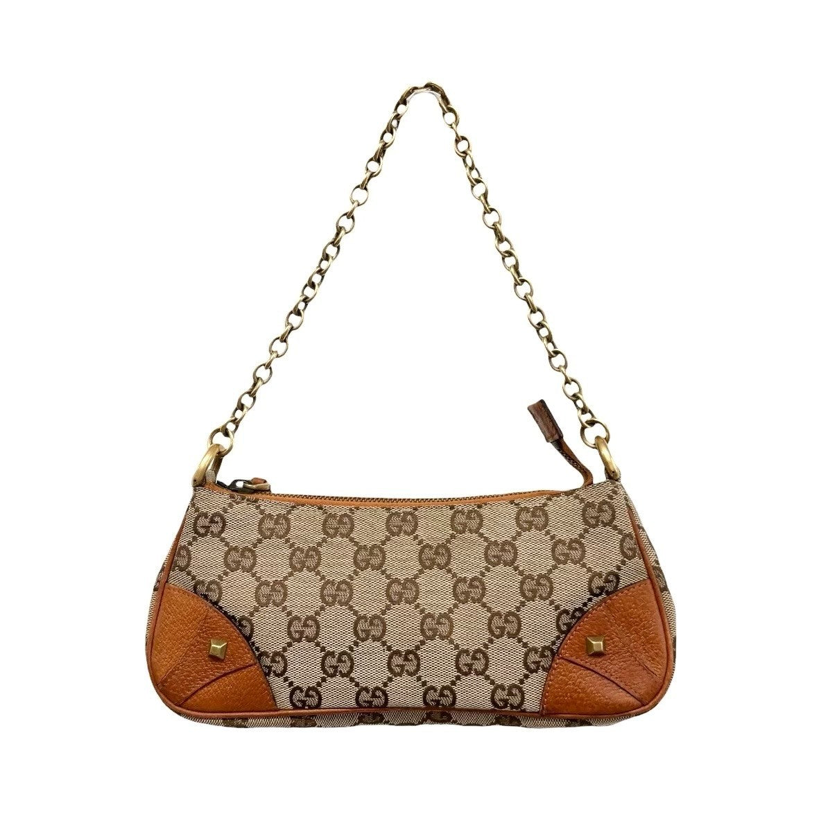 GUCCI Vintage GG Canvas Monogram Chain Shoulder Bag Pouch Beige Gold Leather