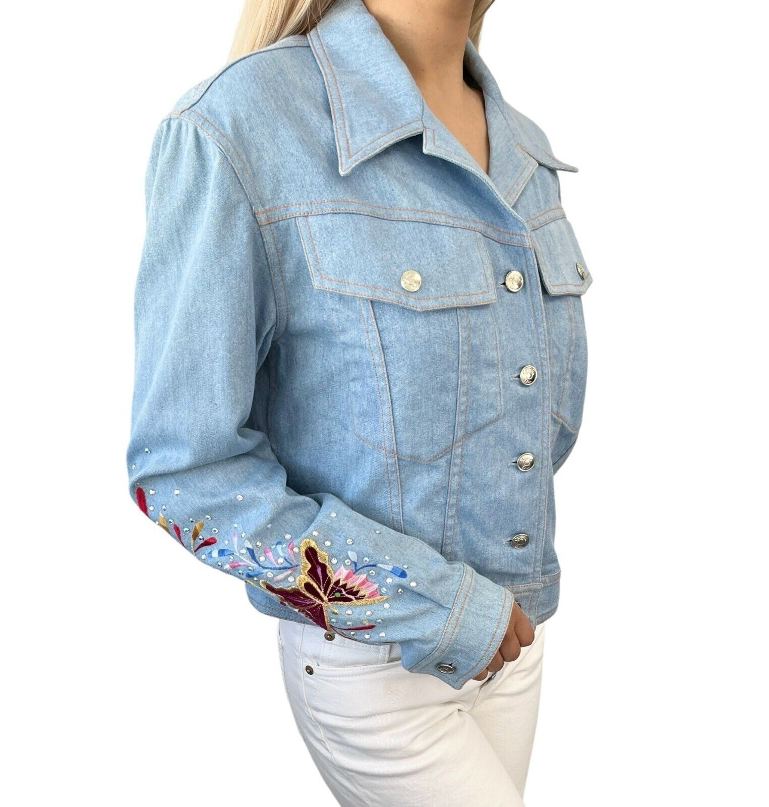 Christian Dior Vintage 2002 Denim Jacket #38 Embroidery Rhinestone Glitter Blue
