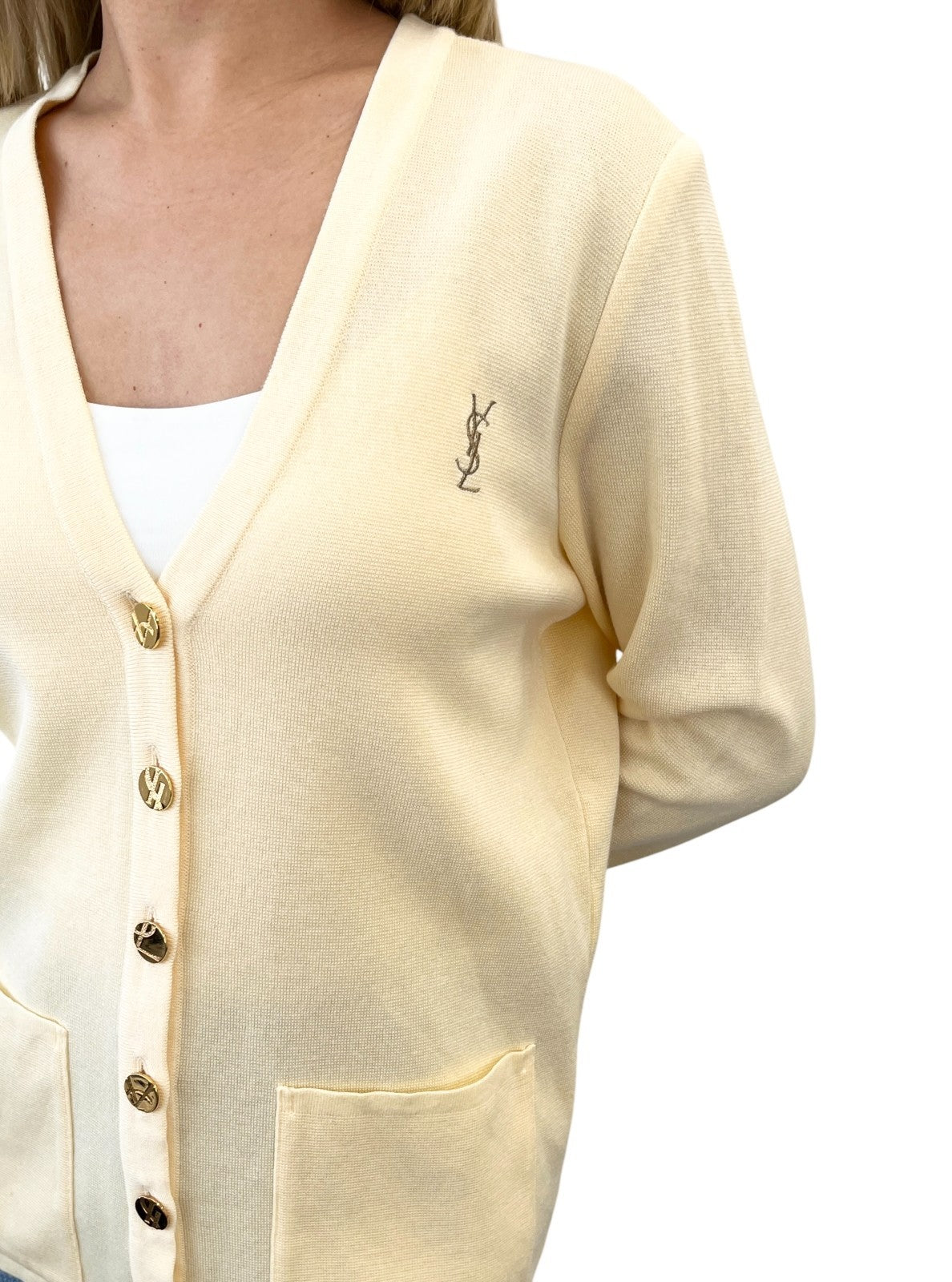 Yves Saint Laurent Vintage YSL Logo Cardigan Sweater Top #M Cream Gold 902402