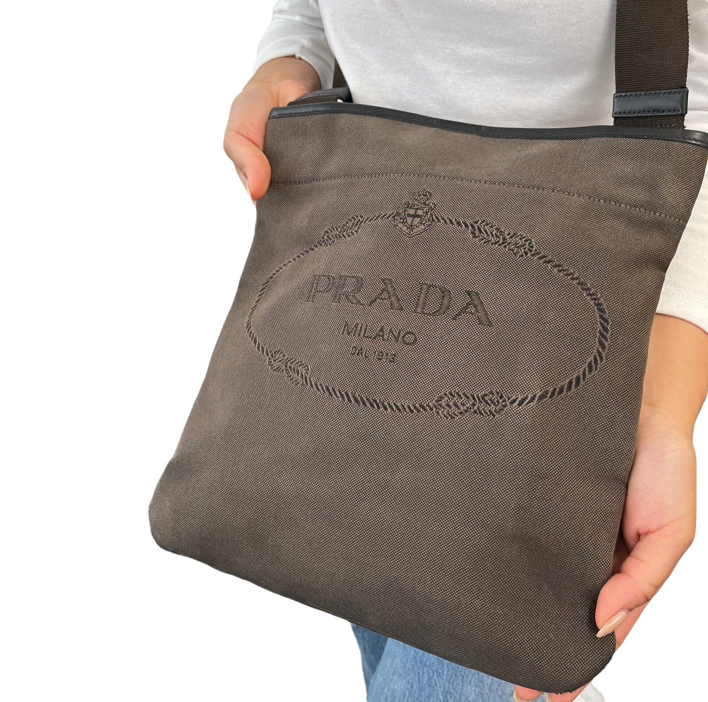 PRADA Vintage Logo Crossbody Shoulder Bag Brown Silver Cotton Leather