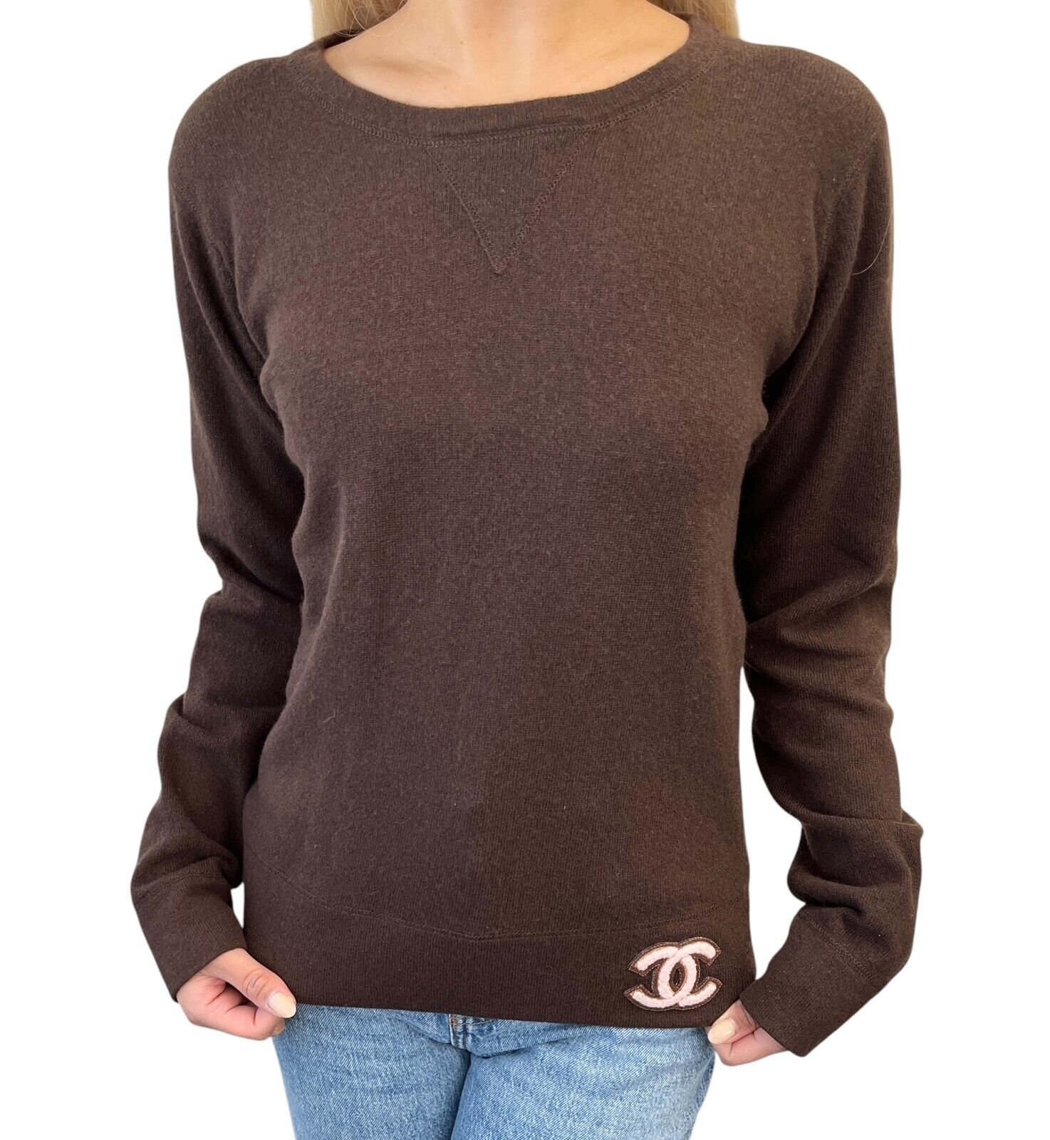 CHANEL Vintage 01A CC Mark Logo Knit Sweater Top #42 Brown Pink Cashmere