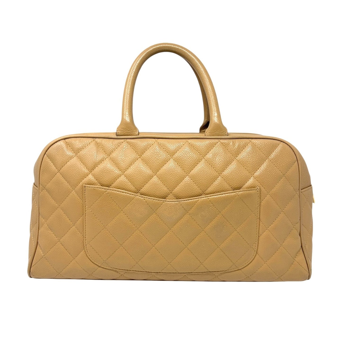 CHANEL Vintage Big CC Logo Quilted Leather Boston Bowling Bag Beige Gold Stitch