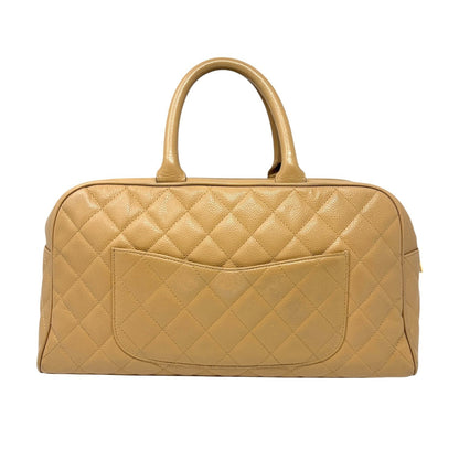 CHANEL Vintage Big CC Logo Quilted Leather Boston Bowling Bag Beige Gold Stitch