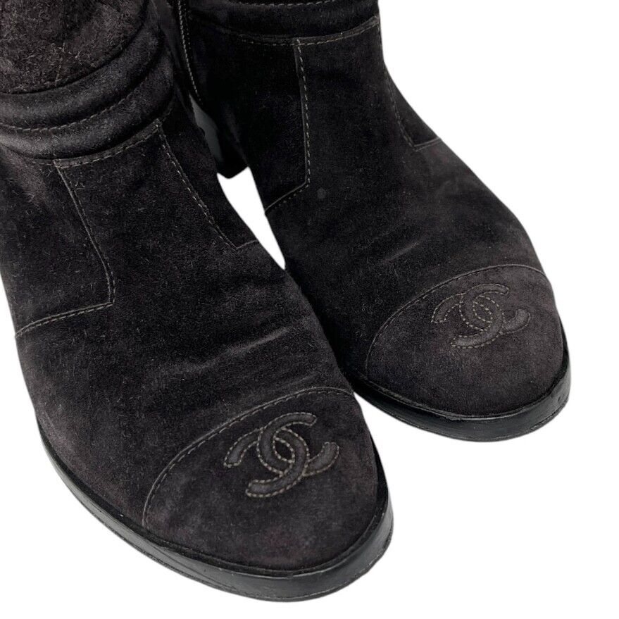 CHANEL Vintage CC Mark Logo Short Boots #38-38.5 Brown Suede Stitch Zip