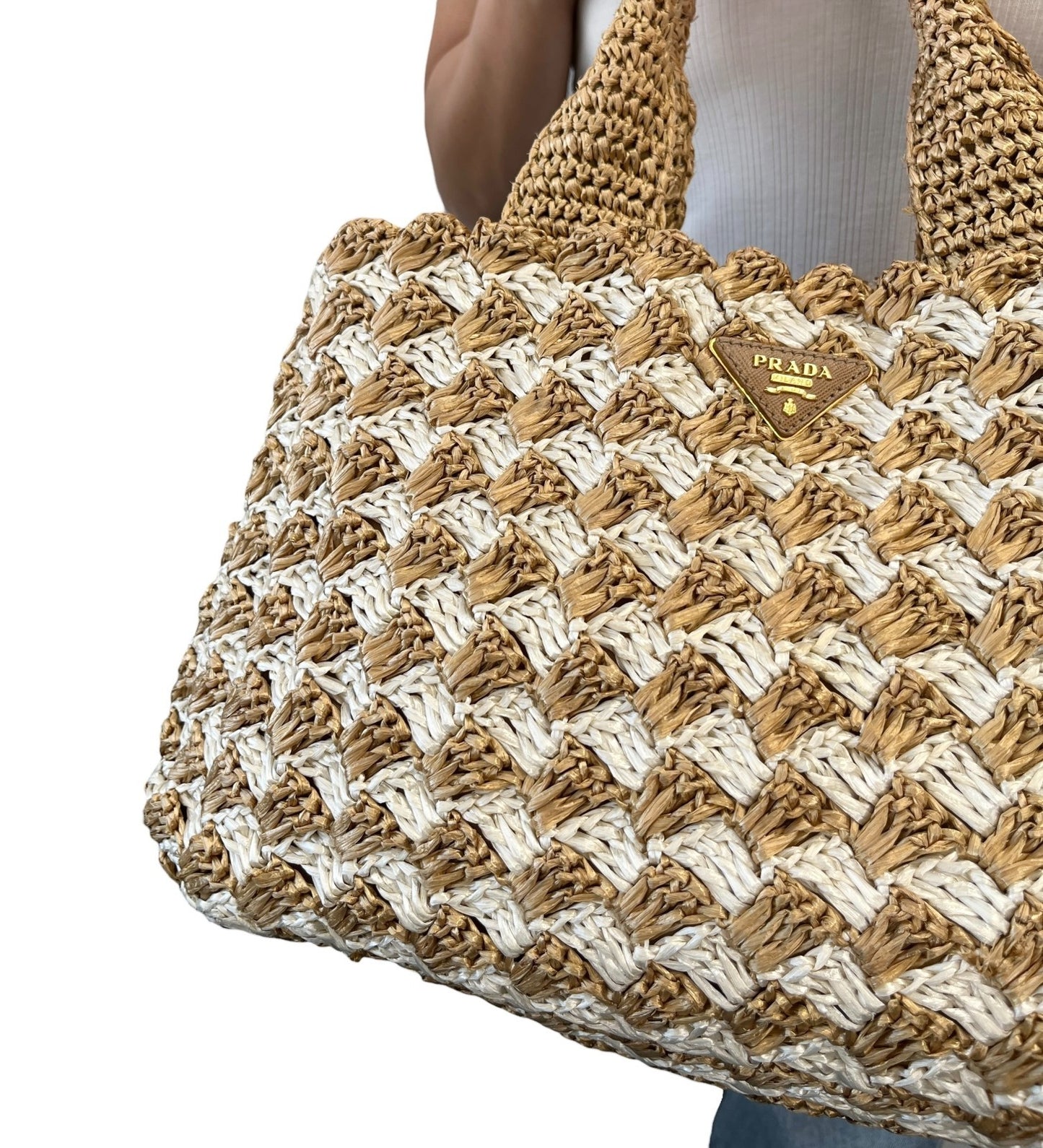 PRADA Vintage Triangle Logo Raffia Canapa Tote Bag Beige White Crochet
