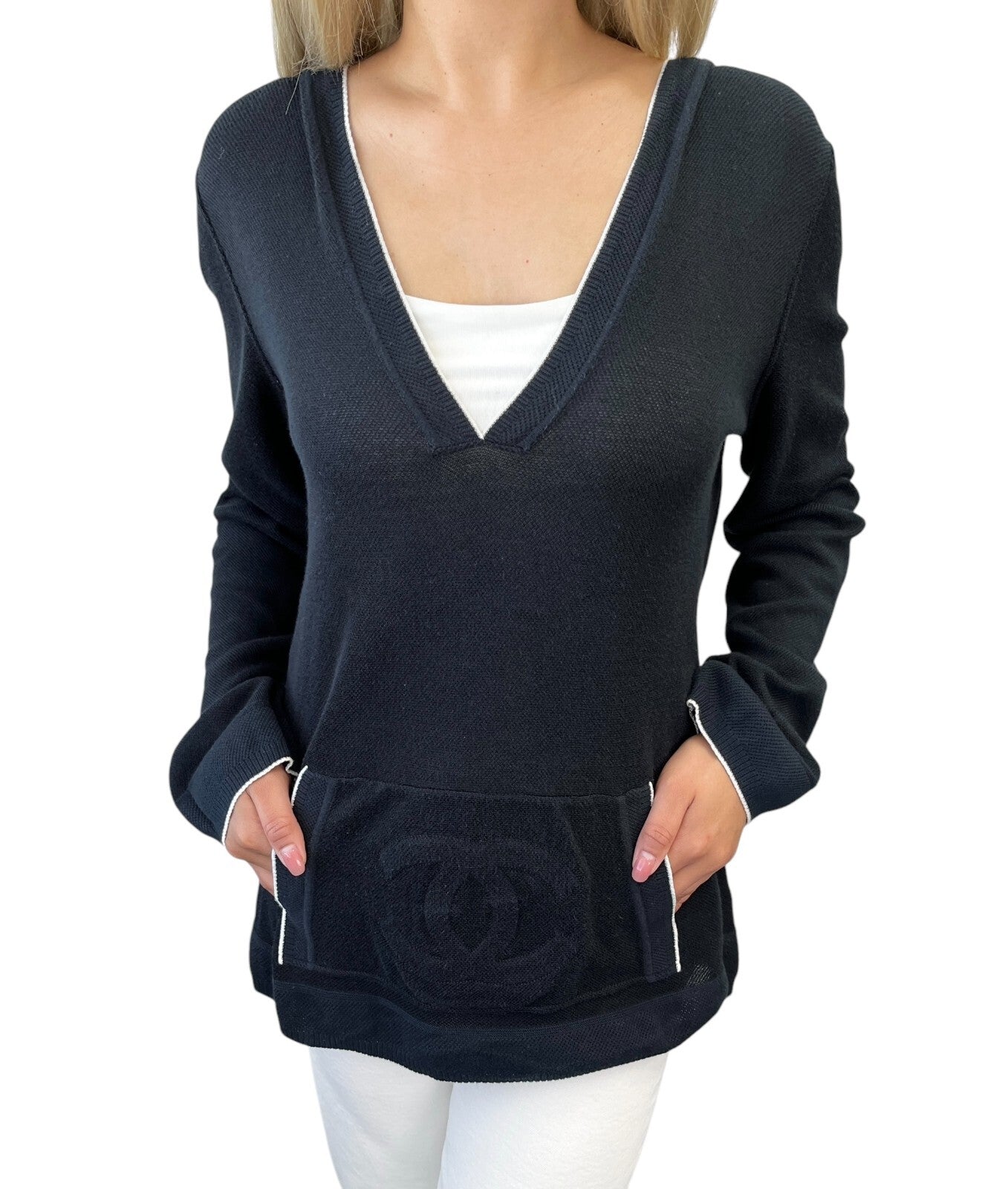 CHANEL Sport Vintage 09P CC Logo Knit Top #42 Hoodie Dark Blue Silver Rayon