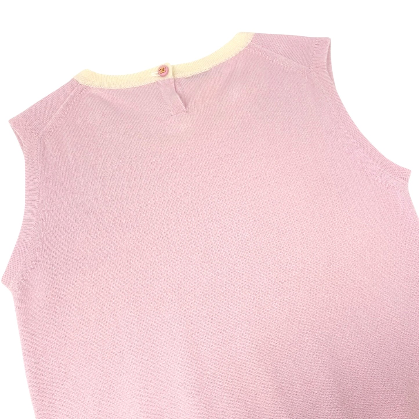 CHANEL Vintage 96C CC Logo Button Cashmere Knit Tank Top #38 Pink Cream