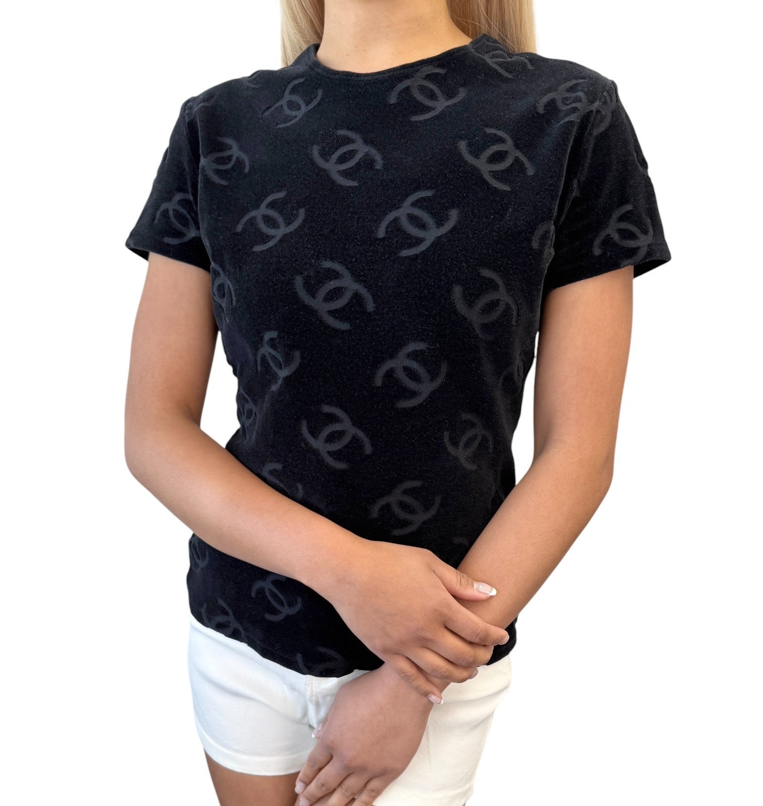 CHANEL Vintage 1996 CC Logo Monogram Velour T-shirt Top #44 Black Cotton