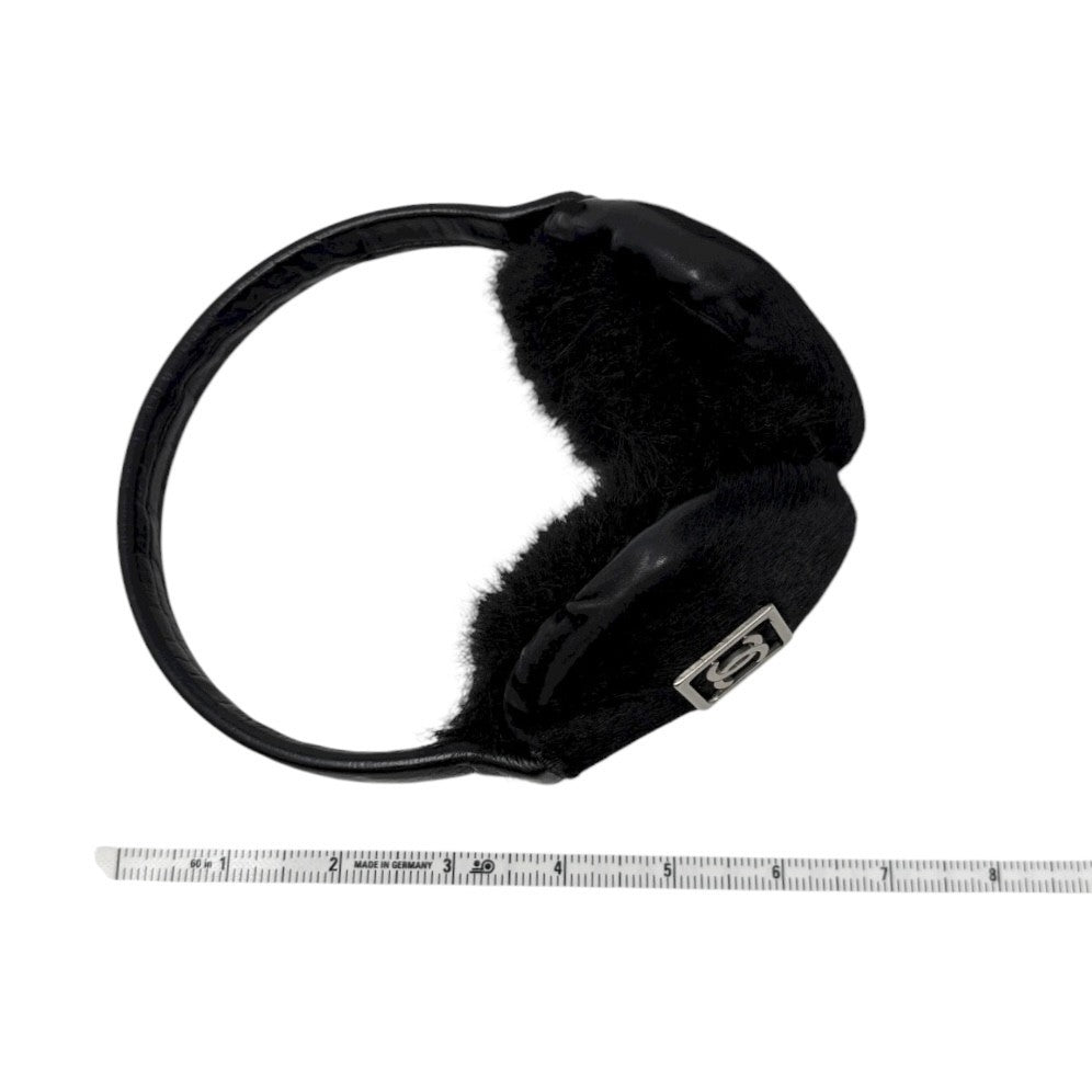 CHANEL Sport Vintage CC Mark Logo Earmuffs Black Silver Pony Calf Hair Leather