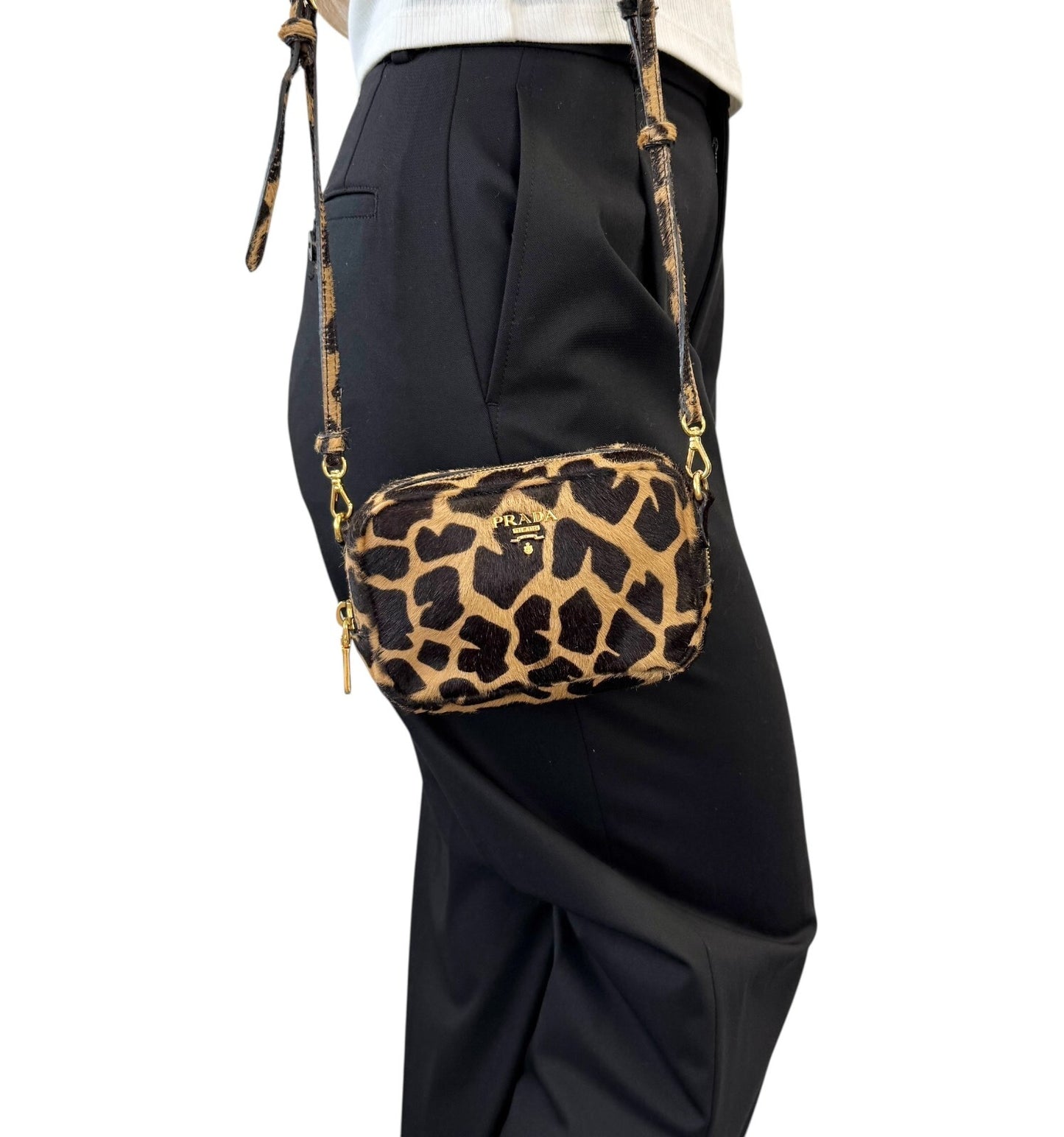 PRADA Vintage Logo Pony Hair Giraffe Crossbody Mini Bag Camel Brown Calf Hair