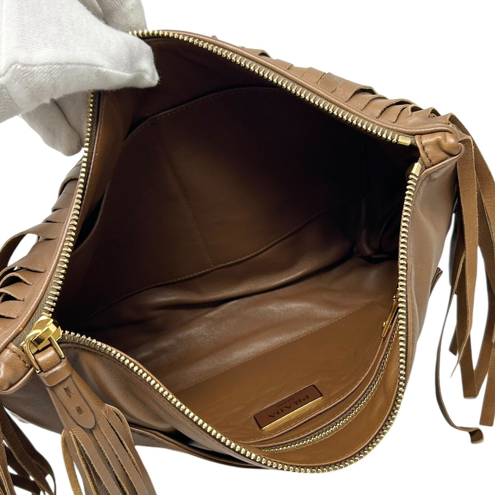 PRADA Vintage Logo Fringe Clutch Mini Bag Brown Gold Leather Zip Rank AB